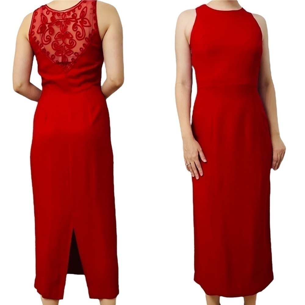 Vintage Y2K Rampage Dress Midi Red Lace Back Cocktail Formal Sheath Small